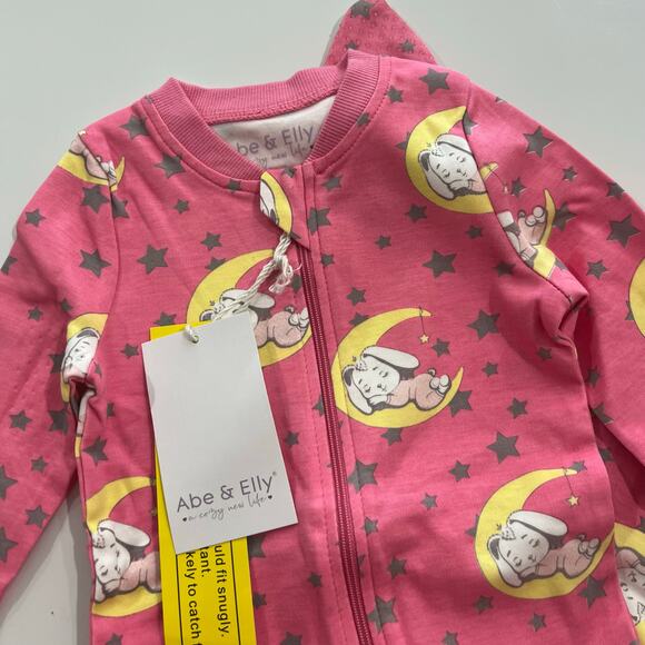 Abe & Elly Organic Cotton Baby Onesie 6-12 Month Pink Dog Star Footie Pajamas - Picture 3 of 7